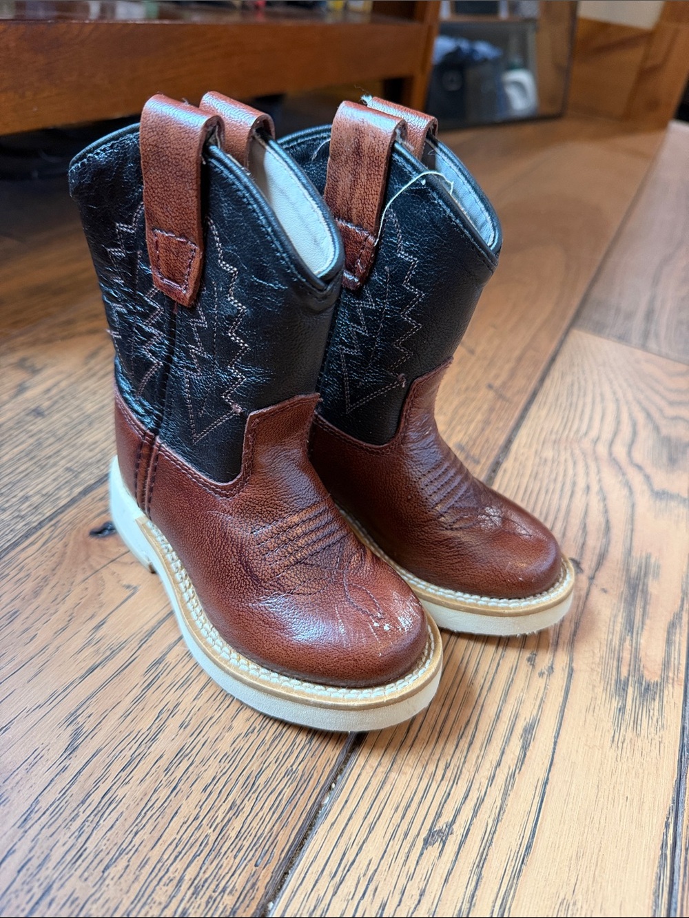 Old West Brown and Black Kids Pull-On Western Boots